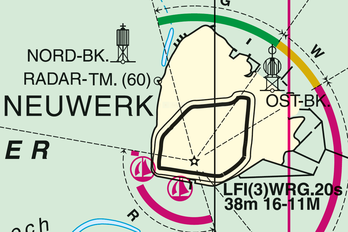Neuwerk: Blinkfeuer weiß-rot-grün in 3er-Gruppen; Wiederkehr 20 s; Feuerhöhe 38m; Nenntragweite zwischen 16 sm (weißes Licht) und 11 sm (grünes Licht).