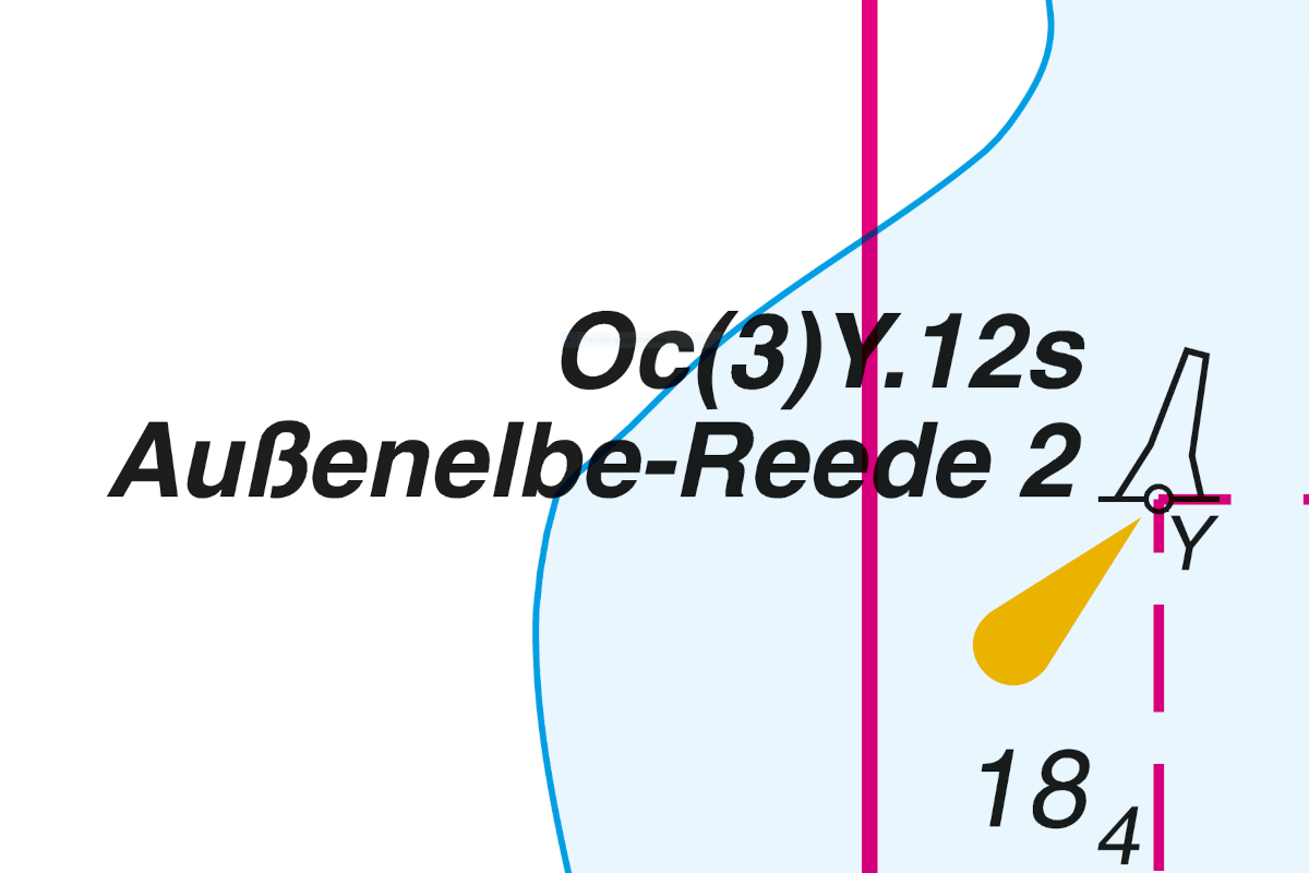 Gelbe Tonne; kein Toppzeichen; gelbes unterbrochenes Feuer in 3er-Gruppen; 12 s Wiederkehr